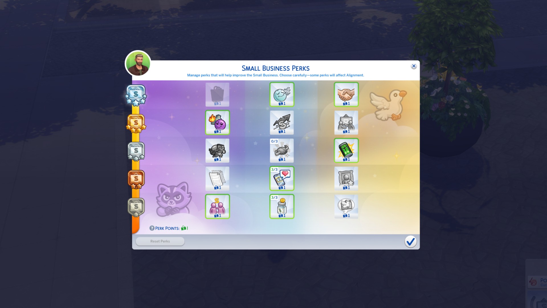 Sims 4 Businesses and Hobbies - Small Business perks menu showing unlockable perks for different renown tiers
