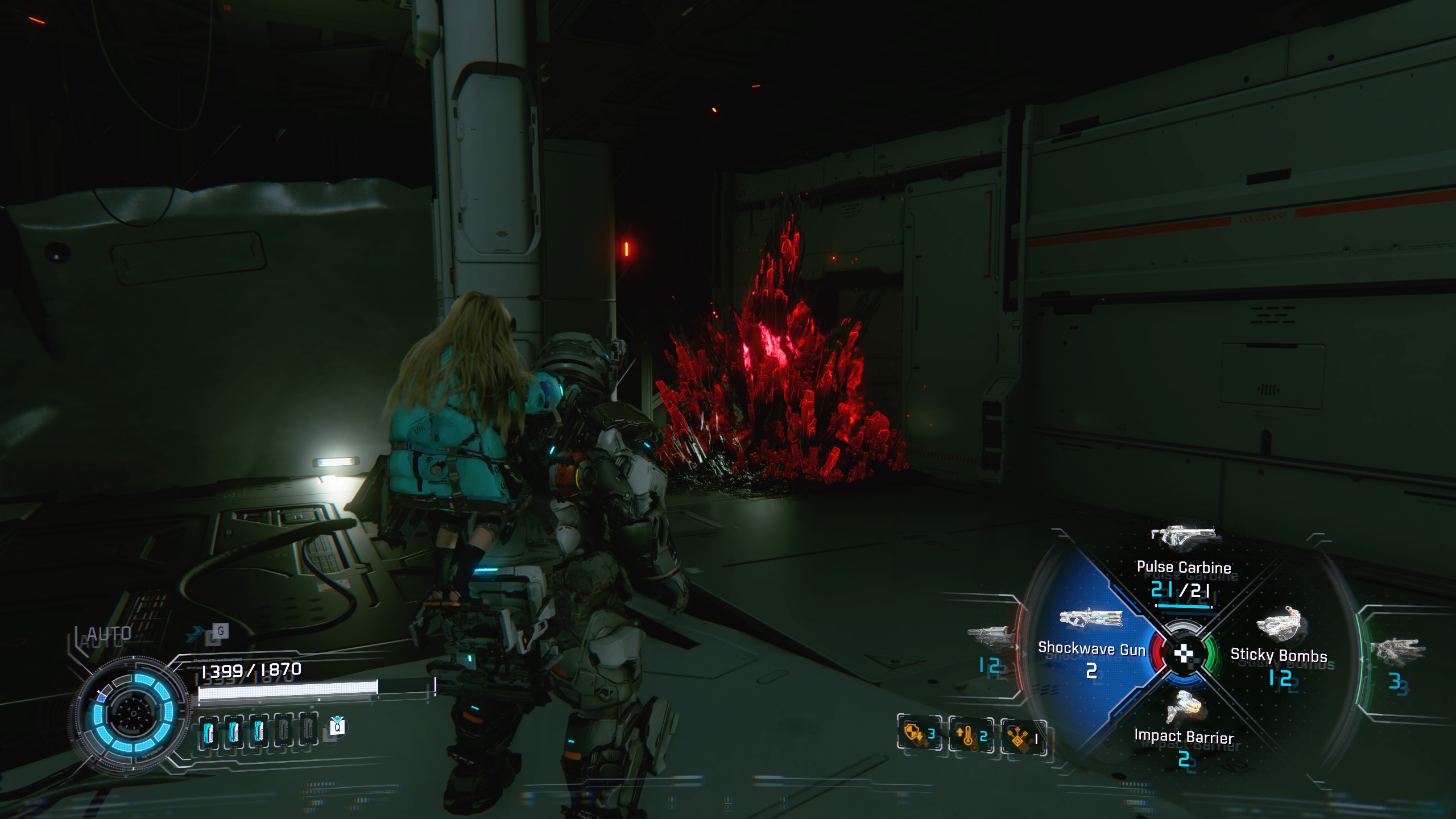 Pragmata red crystals: A player looking at a red crystal in a dark corner.