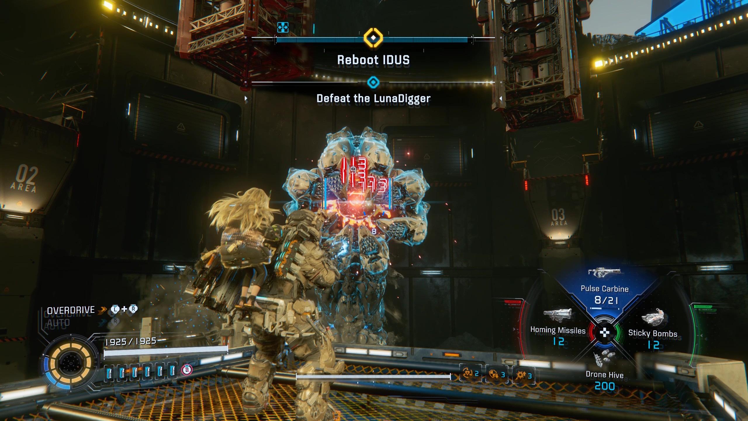 Pragmata Luna Digger: A player firing at the mechanical worm boss, while standing on a raised platform.