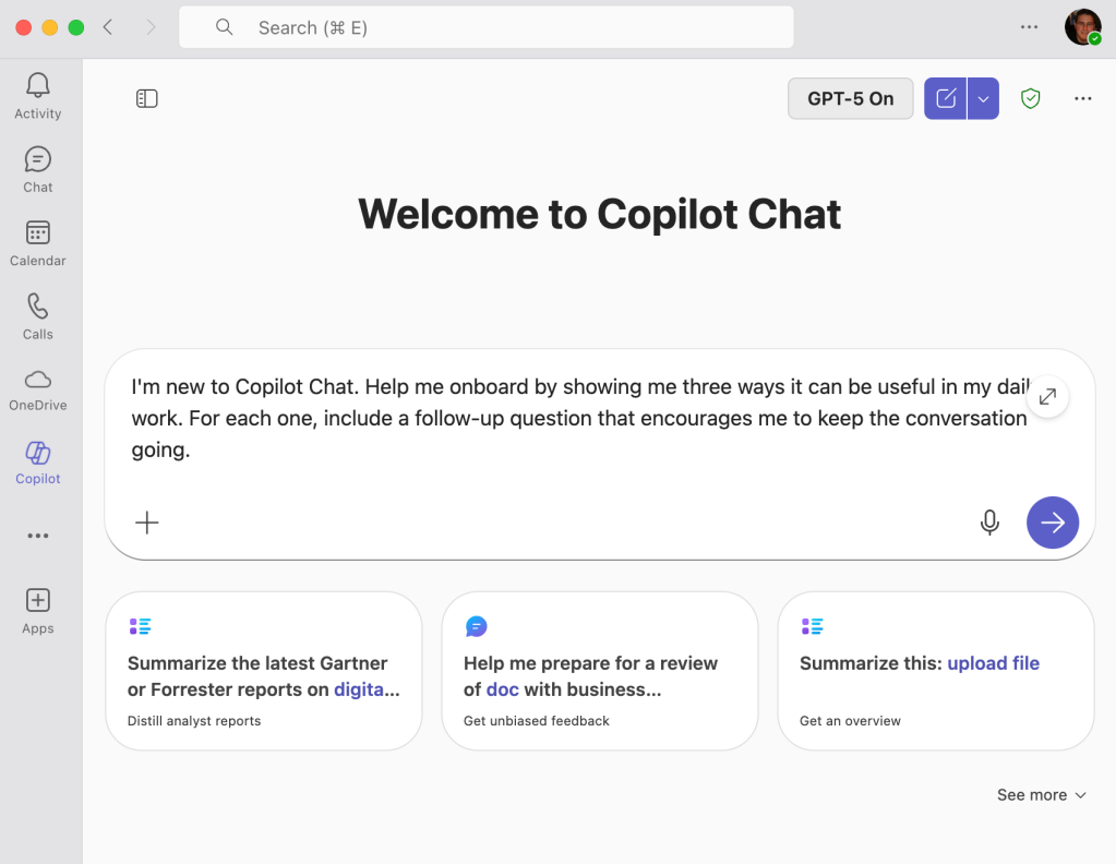 screenshot of copilot chat interface inside microsoft teams