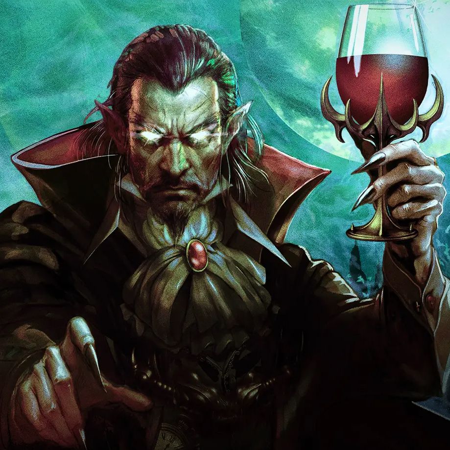 A vampire holding a glass of wine or blood, probably blood, knowing vampires