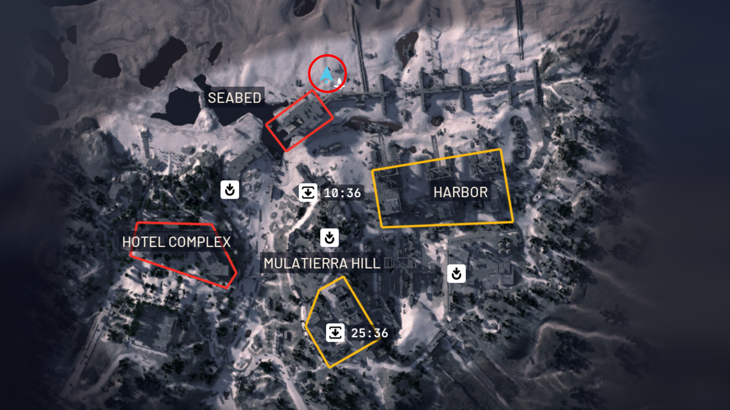 Arc Raiders bird trap: A map of Riven Tide with a red circle highlighting the location of the bird trap near Seabed and Port Authority Building.