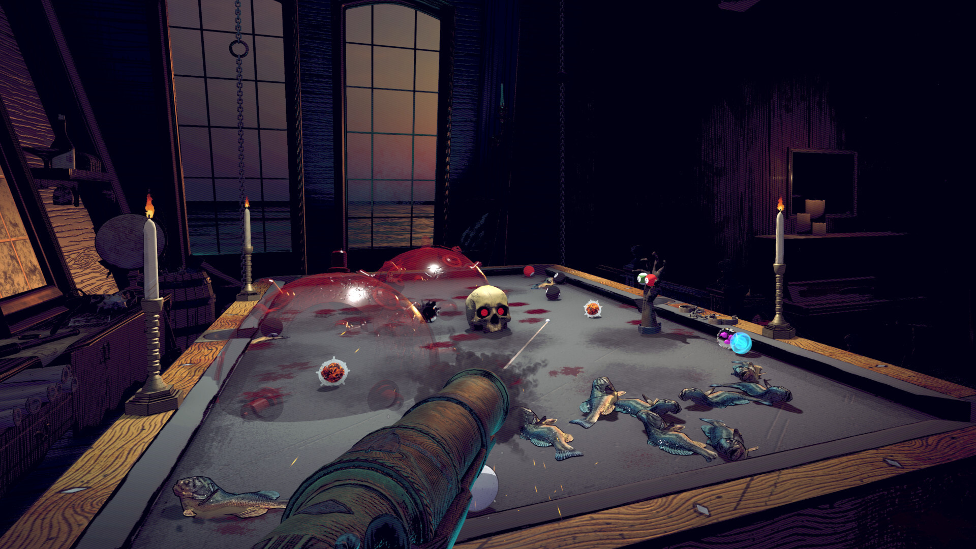 Firing a gun at the table in Pool of Madness.