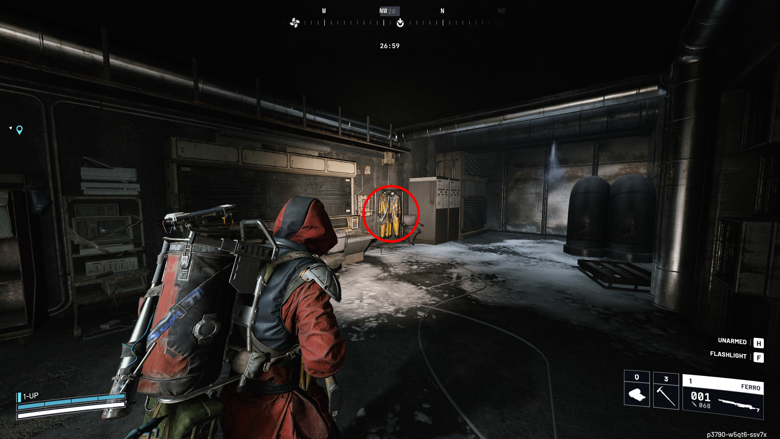 Arc Raiders Last Entry: A player looking at a clothes rack with orange jumpsuits in a dark room near the Seed Vault, with a red circle highlighting the object.