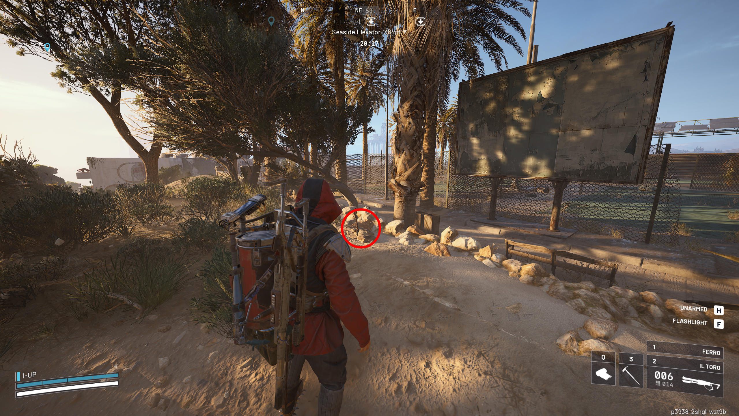 Arc Raiders Safe Harbor: A player looking at a dig site behind a tennis court, with a red circle drawing attention to the small shovel in the ground.