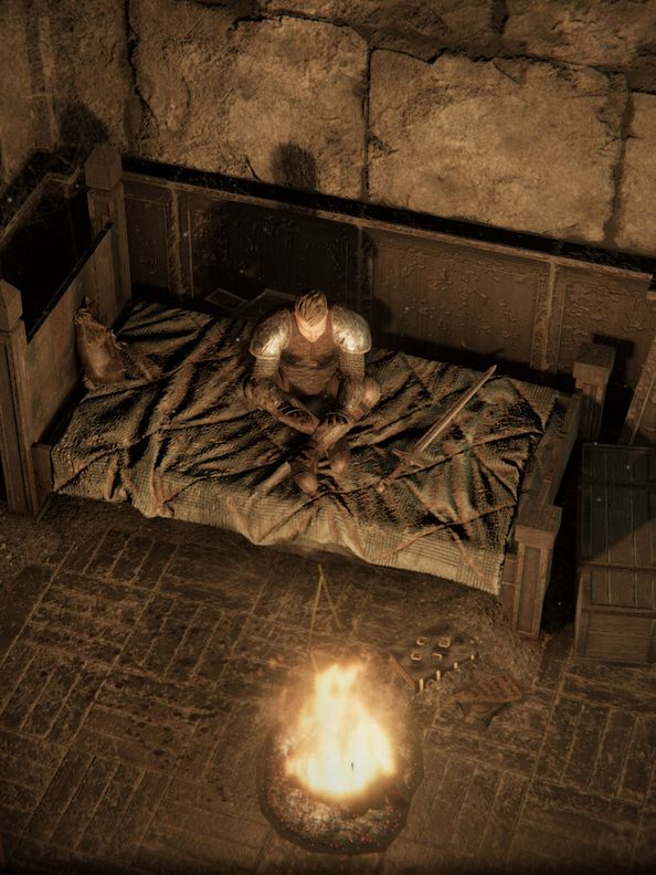 An armored knight from Spark in the Dark sitting on a bed and huddled over a fire.