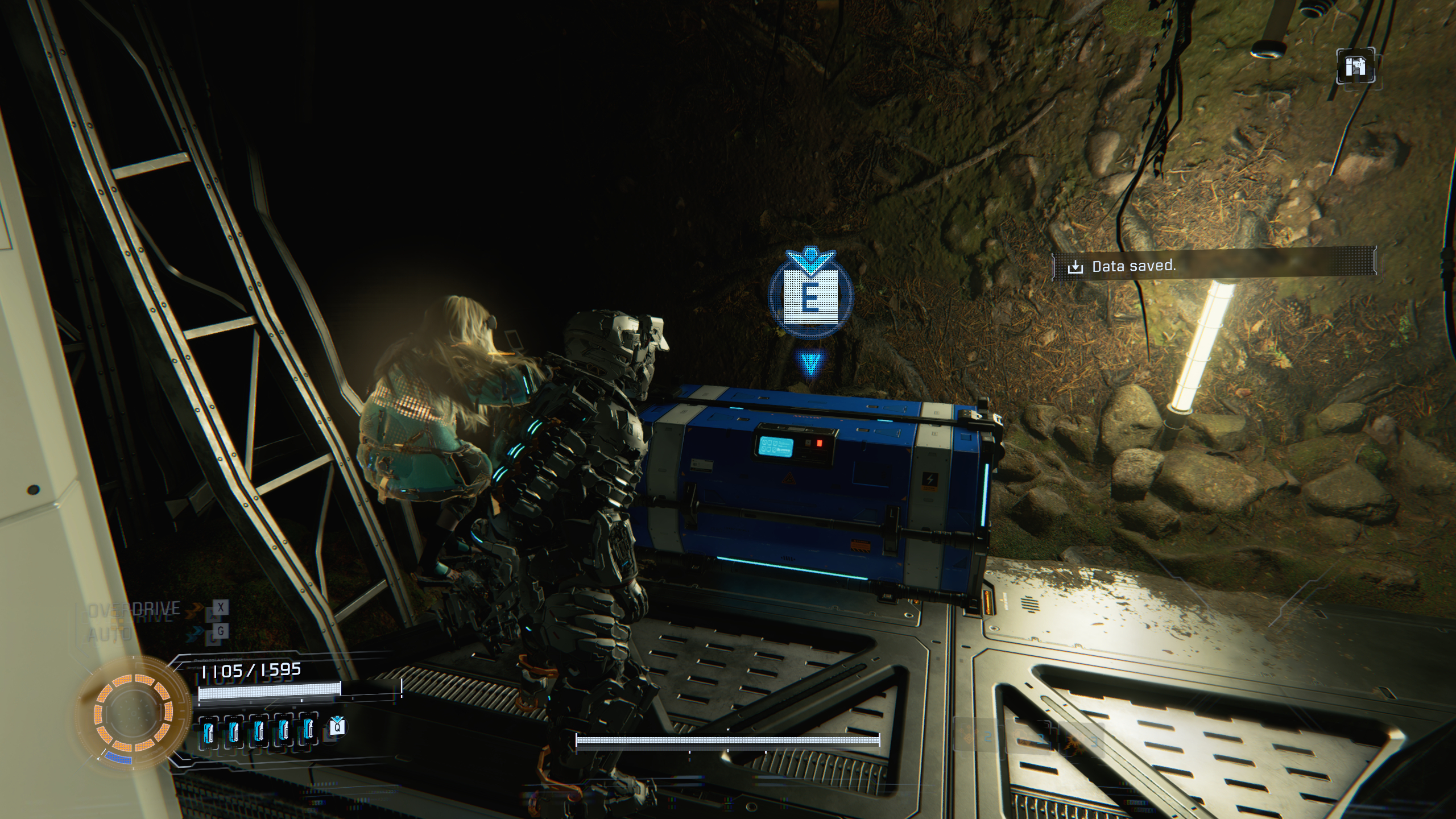 Pragmata guide: Hugh looking at a blue chest containing a mod in a dark mining cave.