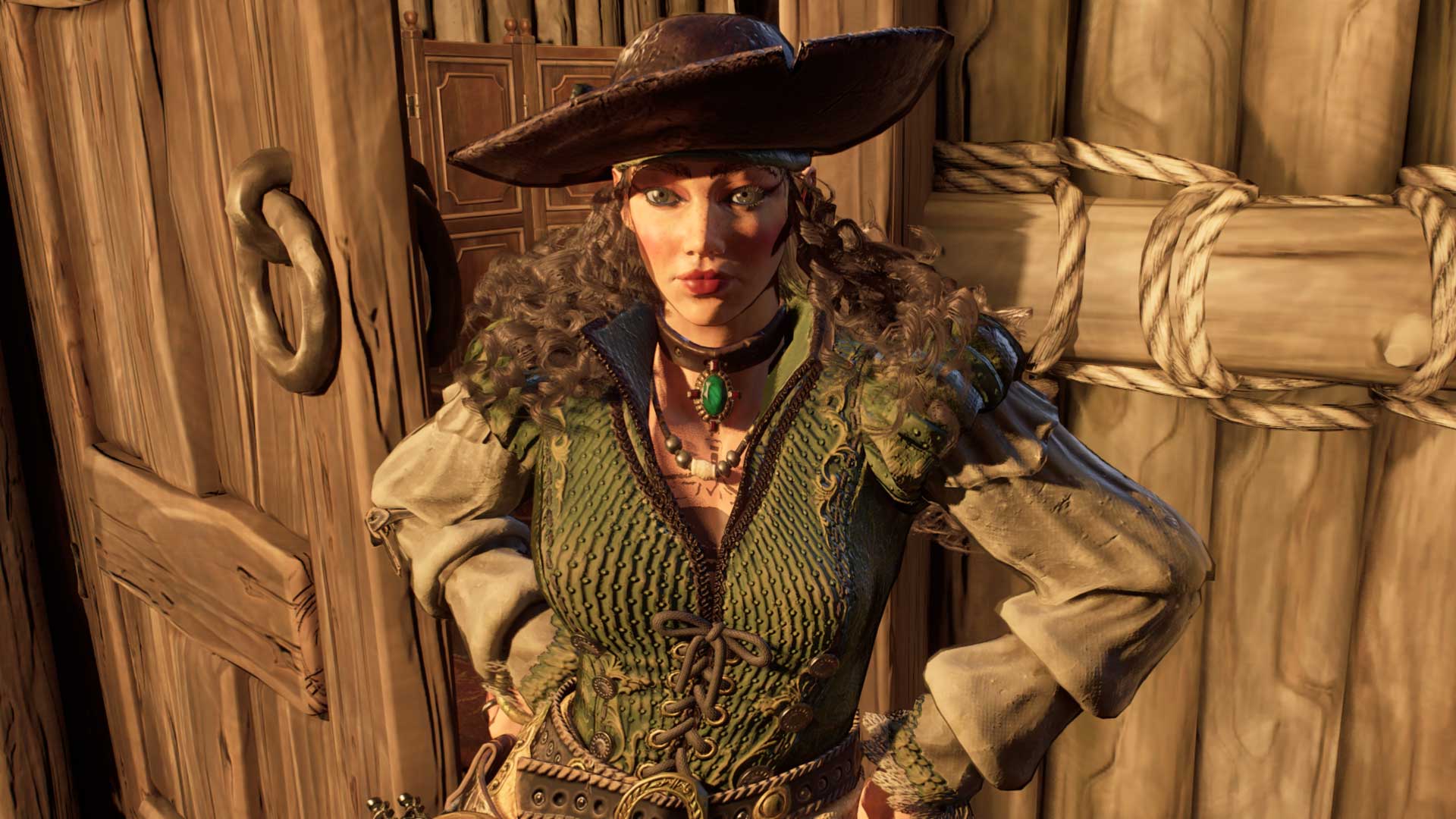 Windrose - The leader of the Smugglers, Marita Suarez. She has long brown curly hair and is wearing a large pirate hat and green doublet.