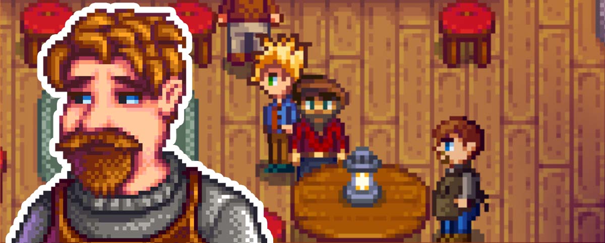 Stardew Valley - Clint frowning, and a smaller sprite version in the corner at a table in the Saloon