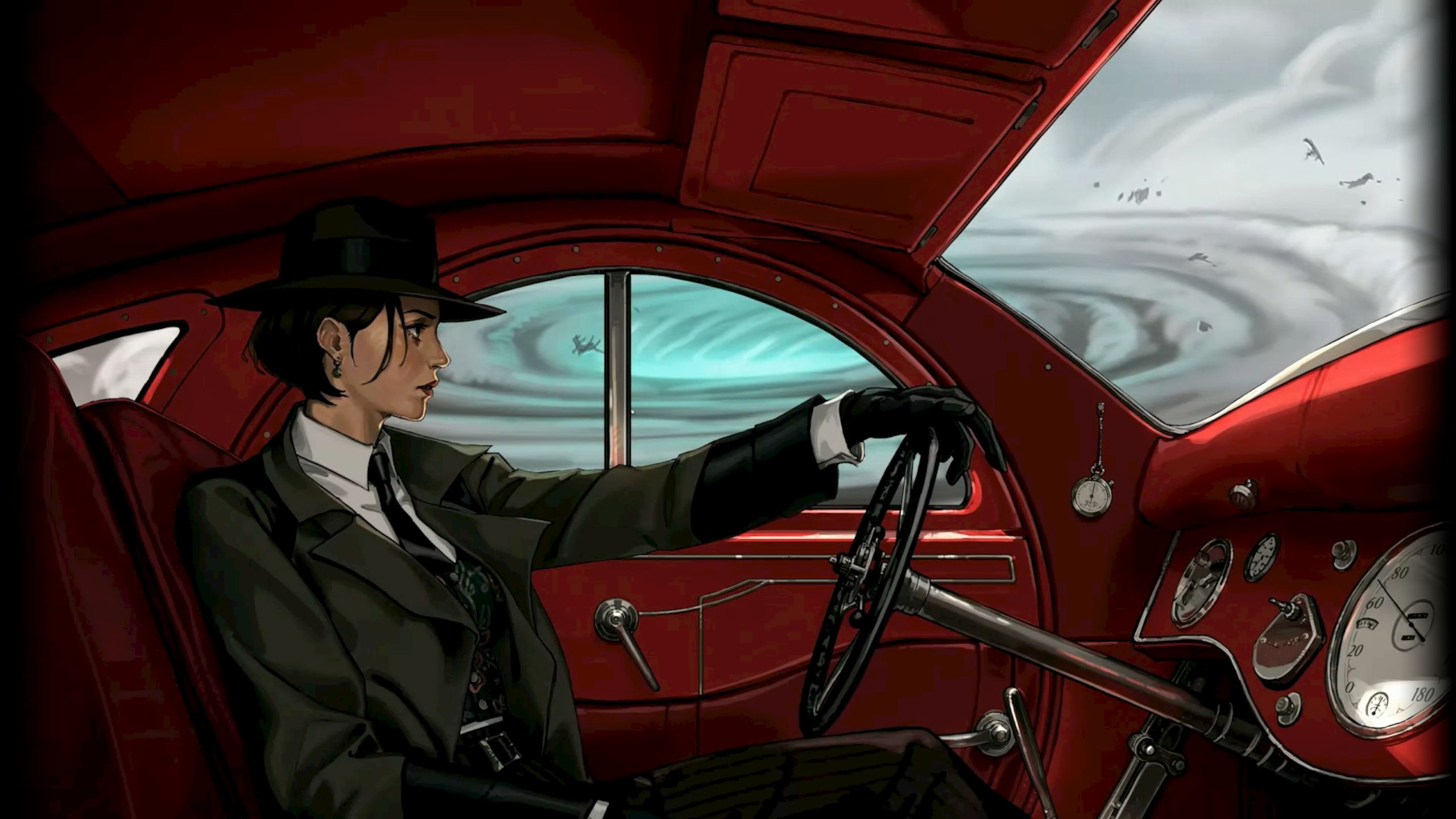 A woman in a suit and hat drives an old-fashioned car past a whirlpool in the sky