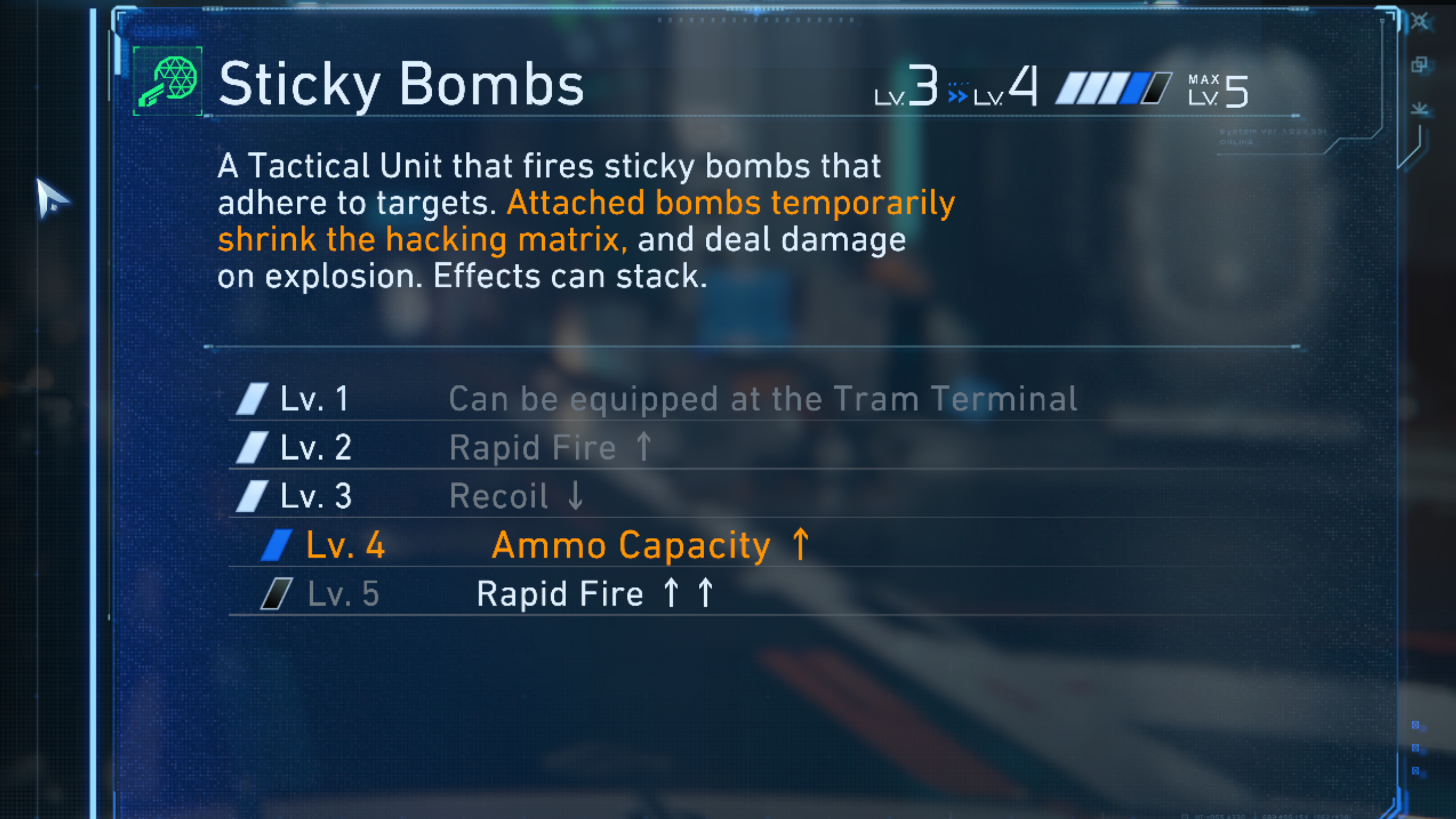 Pragmata weapons: The Sticky Bomb viewed in the upgrade screen, giving a brief description of the gun and what's improved at each level.