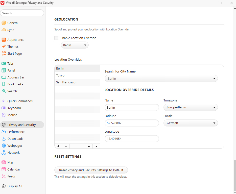 geolocation settings with location override options in vivaldi browser