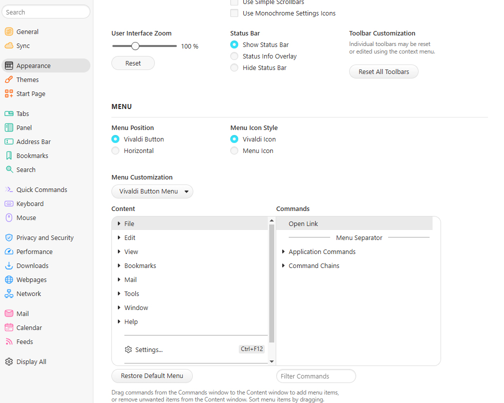 numerous customizable appearance options in vivaldi brower
