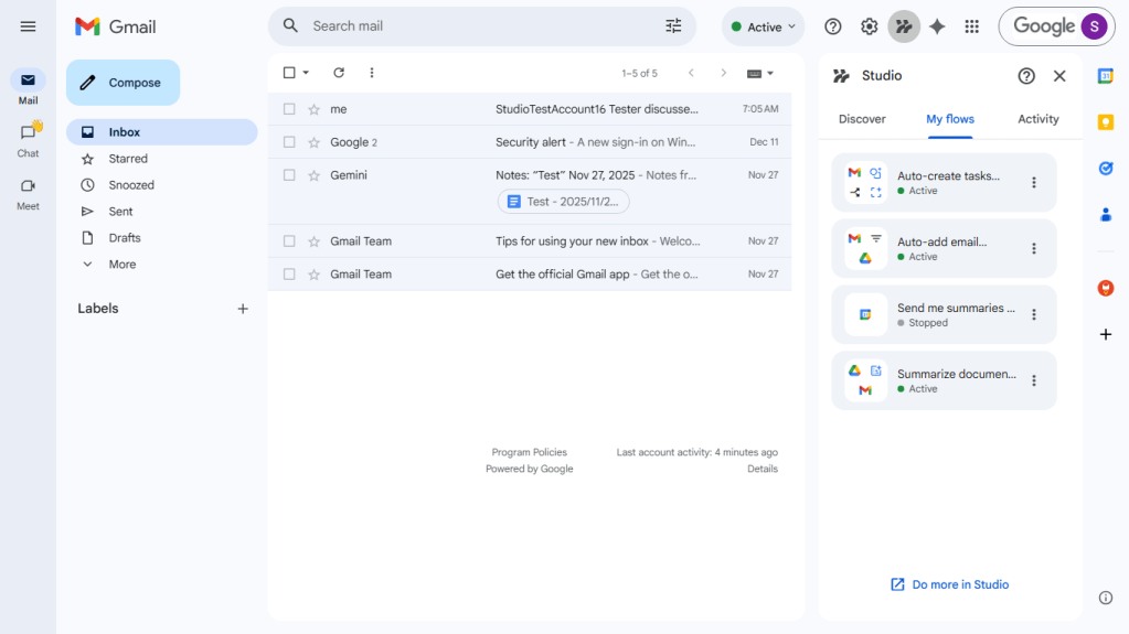 screenshot of gmail interface with studio sidebar open to right