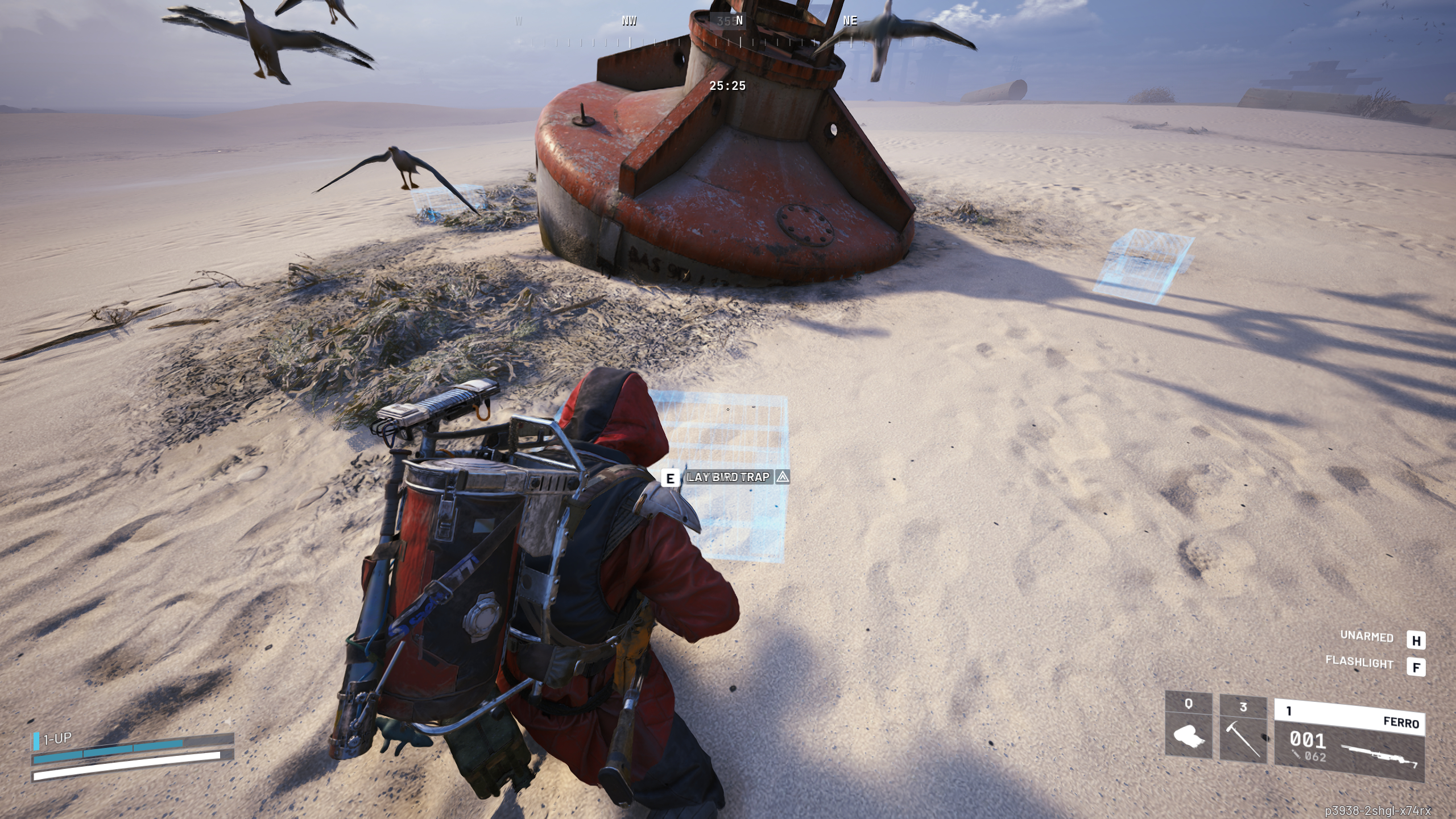 Arc Raiders bird trap: A player looking at a red buoy on a dried-up seabed, with a glowing blue outline of a bird trap on the ground.