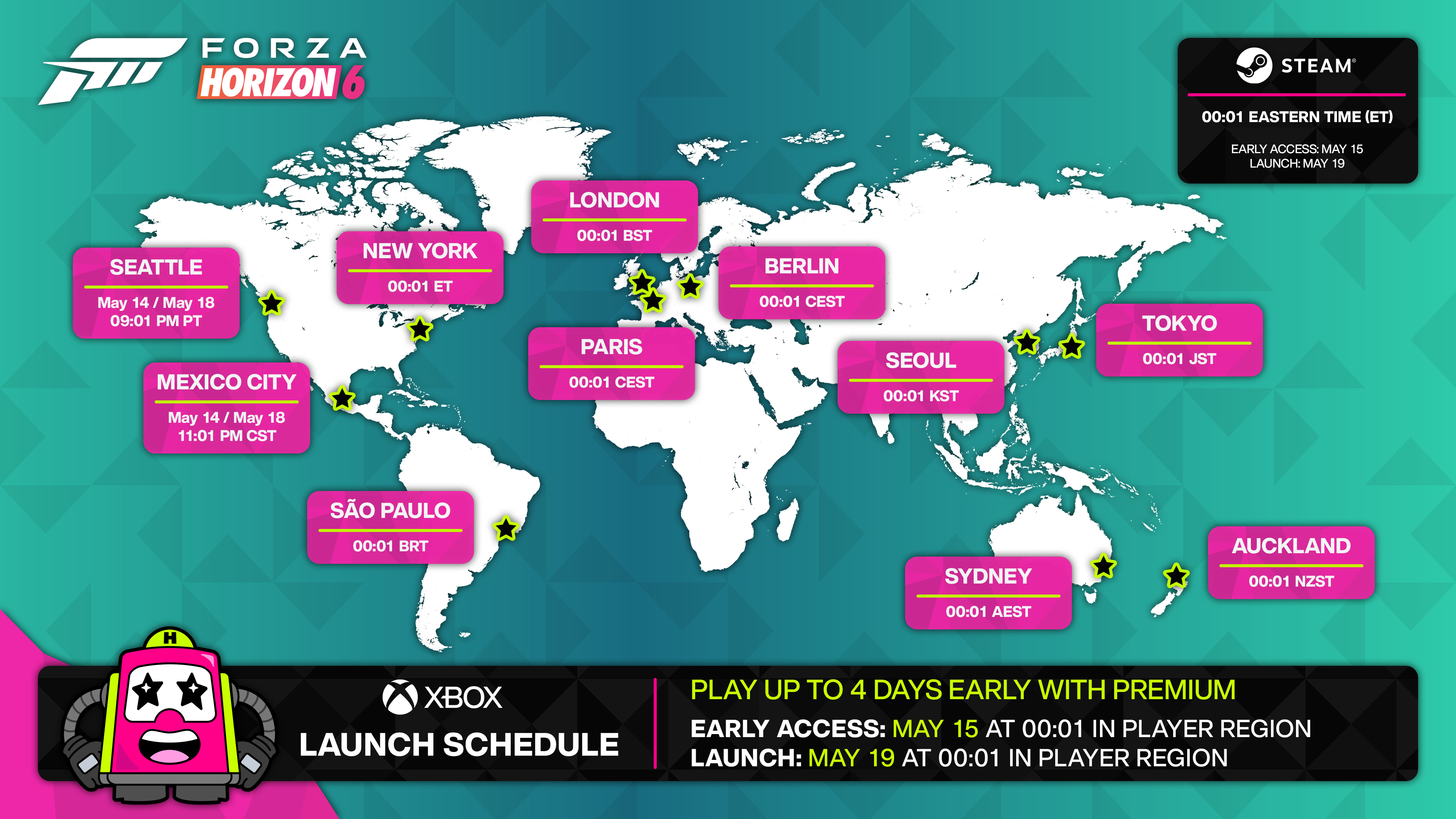 An infographic map showing the Forza Horizon 6 launch times globally for PC and Xbox.