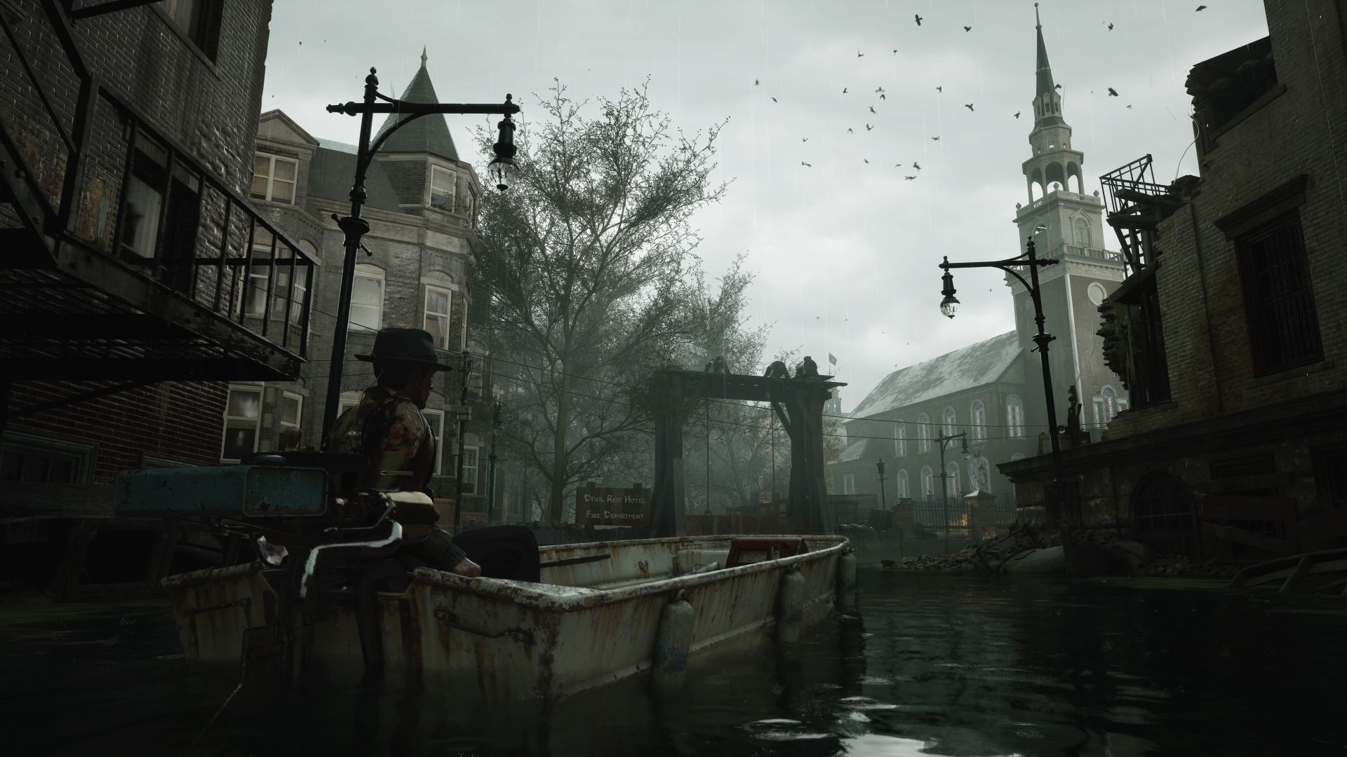 Calvin takes a boat through the flooded streets of Arkham