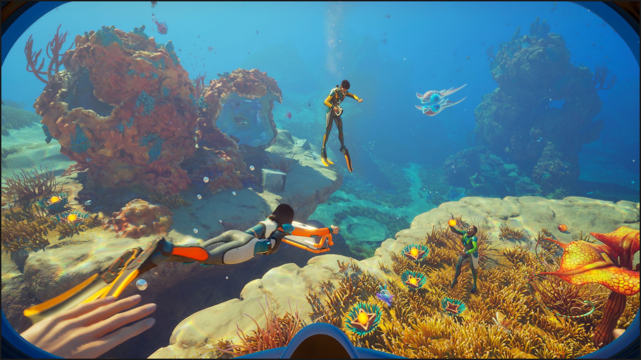 A party of co-op divers in Subnautica 2.