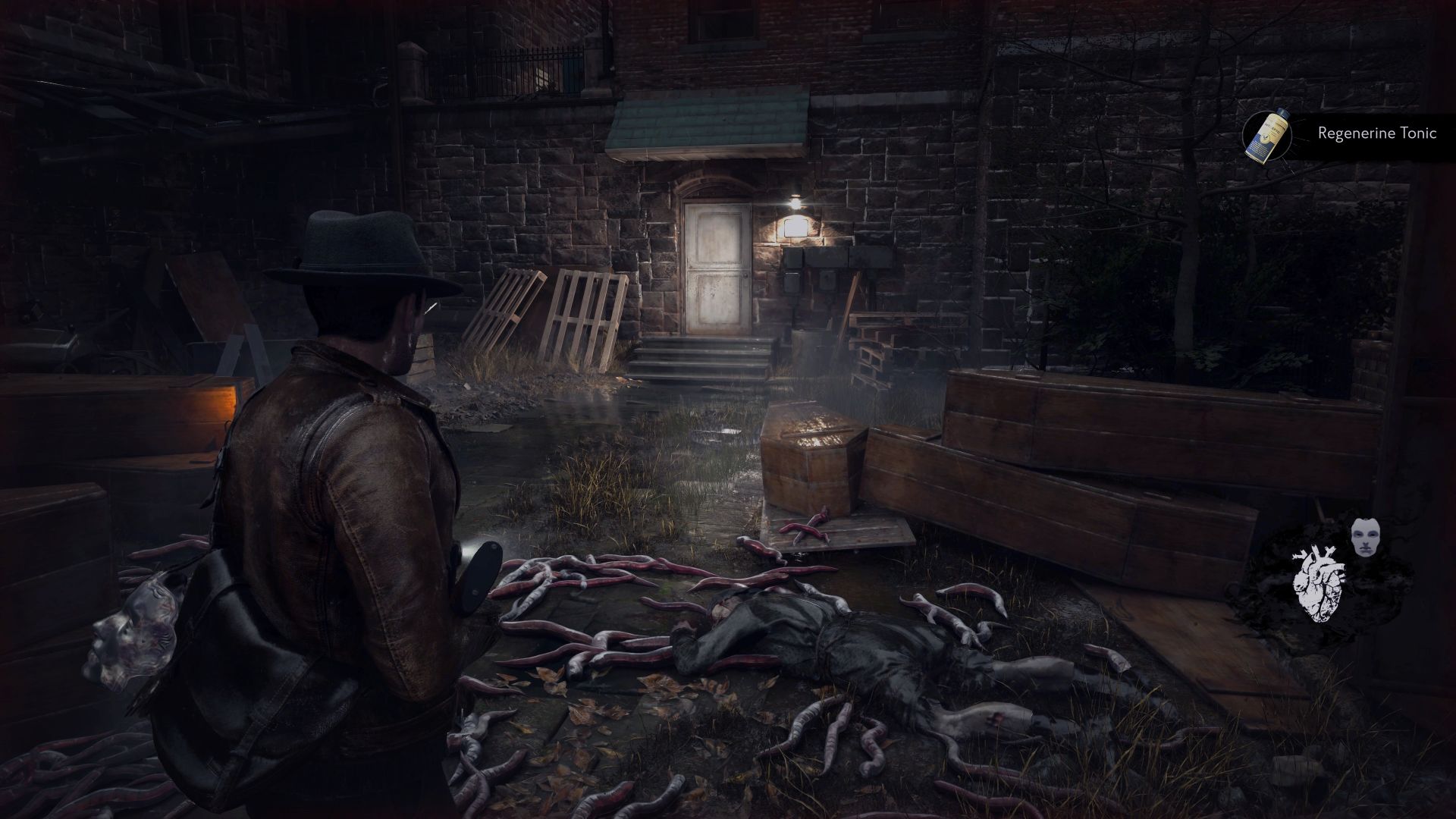 A detective approaches a dead body surrounded by worms