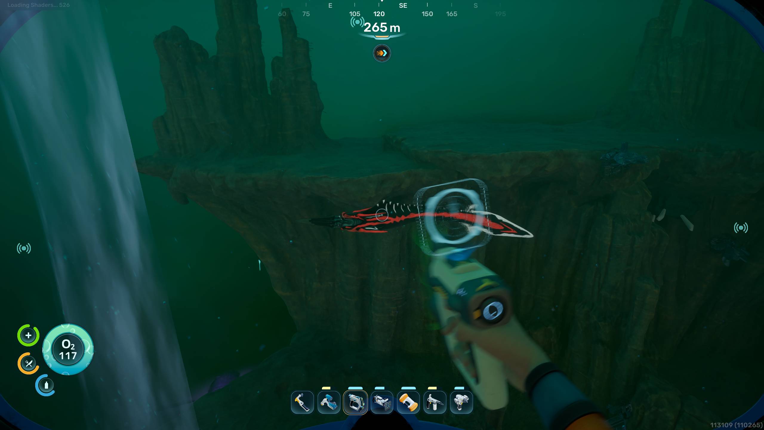 Subnautica 2 Biomods: A player looking at a Needler Mango next to a natural current and rock platform.