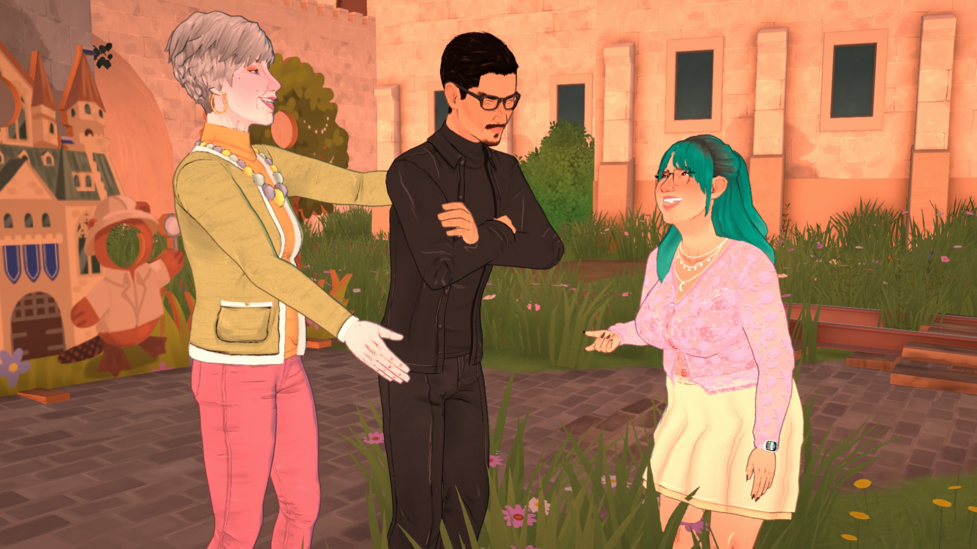 Paralives - An older para tries to hug a young man who looks annoyed, while another para watches and laughs