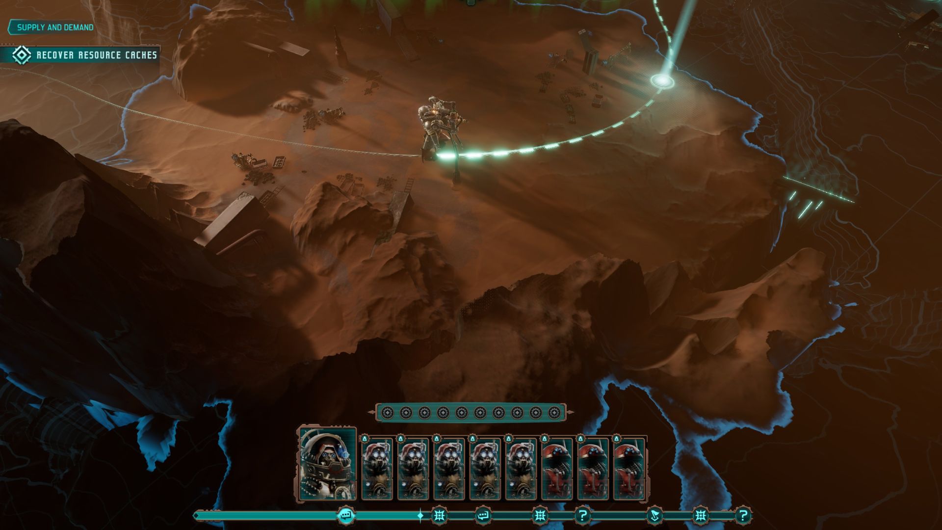 A tech-priest walks across a glowing line on a map