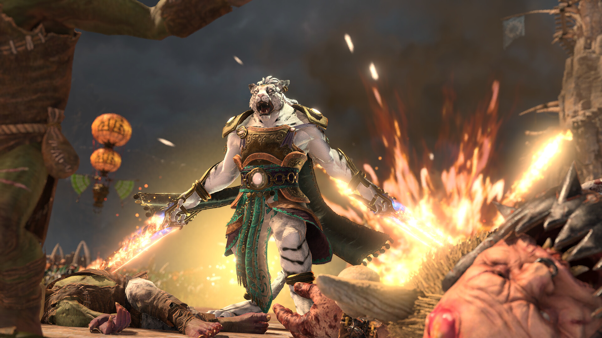 Bhashiva roars after slaying enemy infantry in Total War: Warhammer 3.