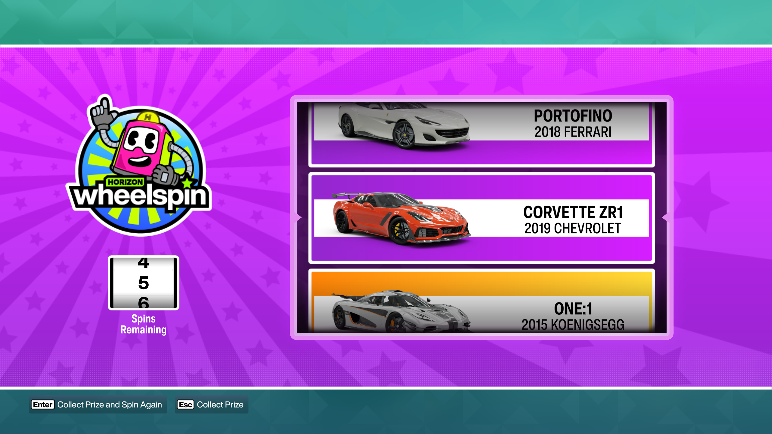 Forza Horizon 6: A wheelspin, with the player winning the Corvette ZR1.