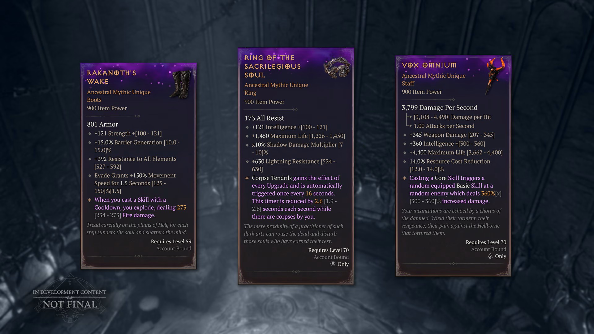 A screenshot featuring three new Mythic Unique items from Diablo 4: Lord of Hatred season 14.