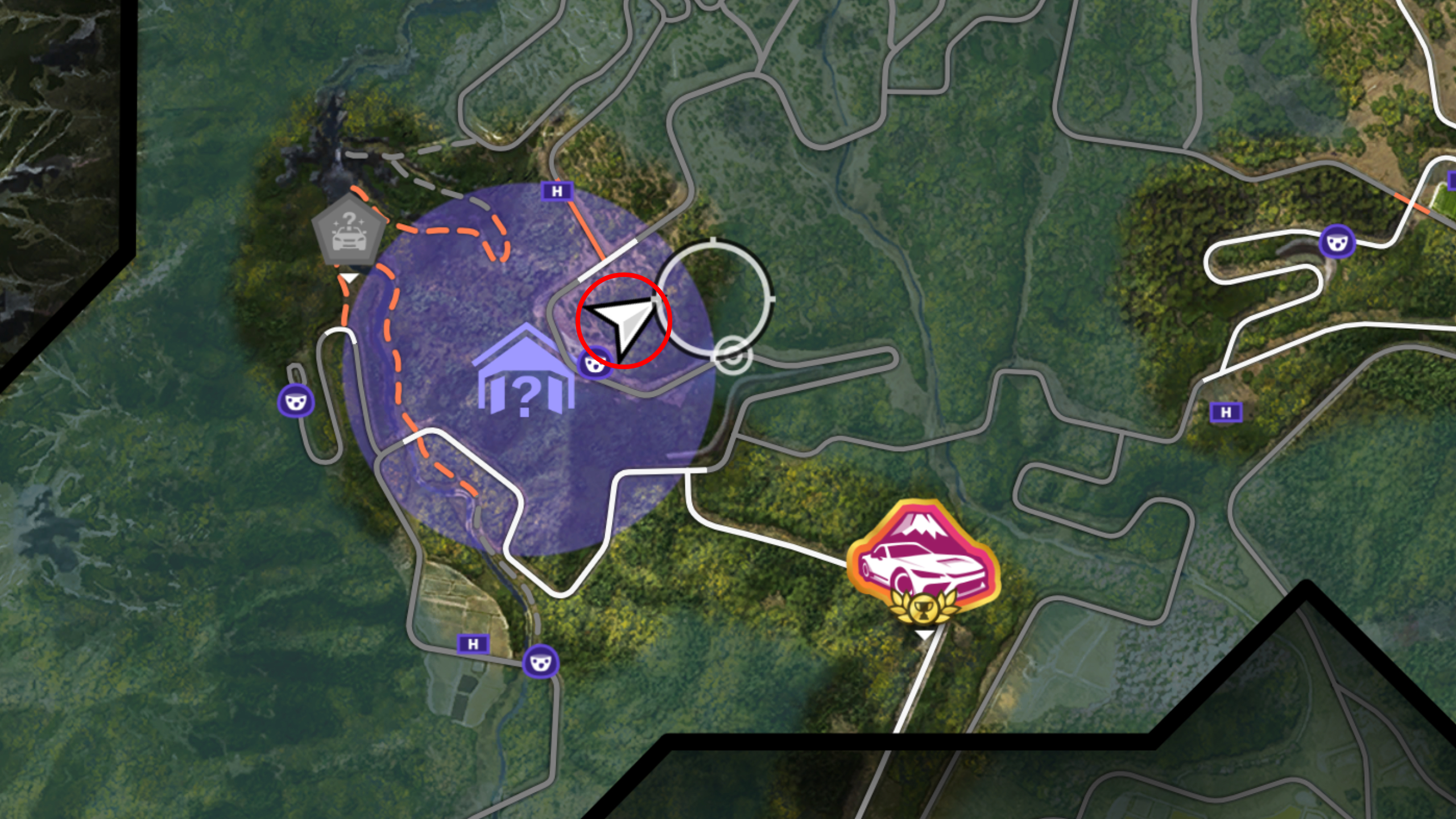 Forza Horizon 6 Barn Finds: A map with a red circle showing the location of the Barn Find within the purple search area.