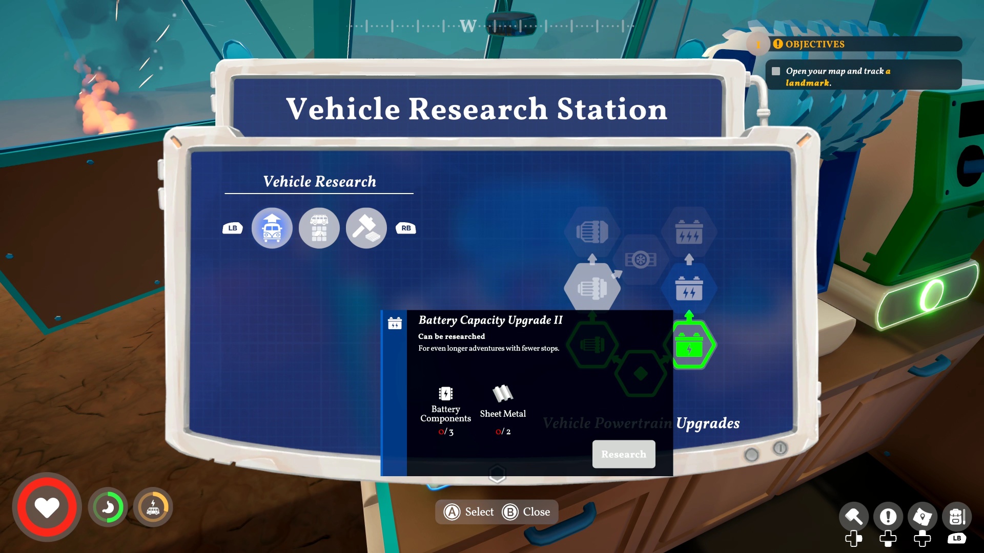 Outbound - Vehicle research station showing upgrades available