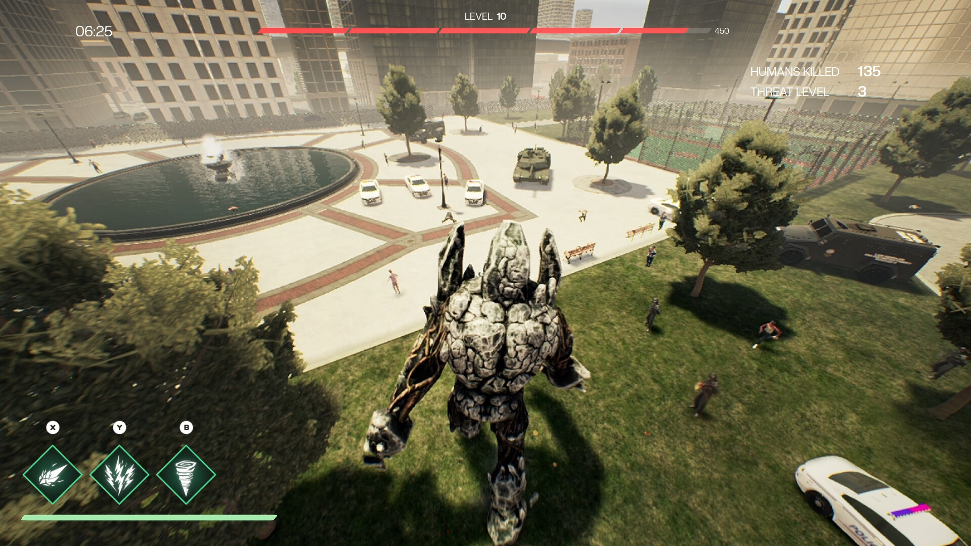 A monster stomping through a park in You Are the Monster.