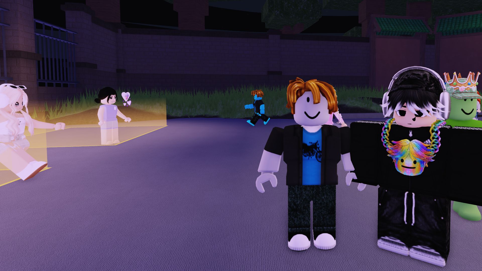 A lobby of Roblox characters including the default in his bicycle shirt, a DJ with headphones, a green man with a crown on a baseball cap, and a woman surrounded by lovehearts