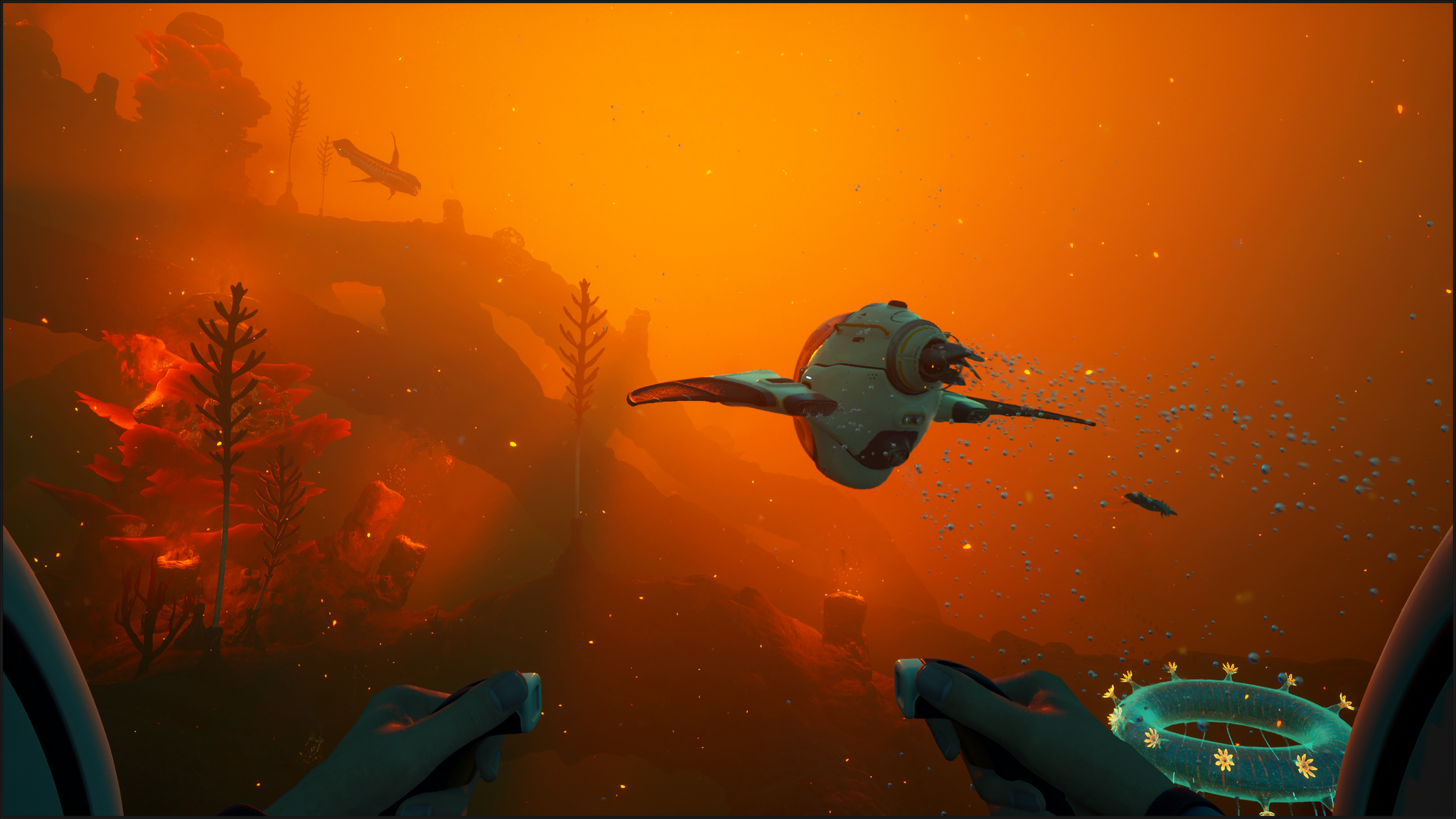 Players in submersible traverse an orange-hued oceanscape in Subnautica 2.