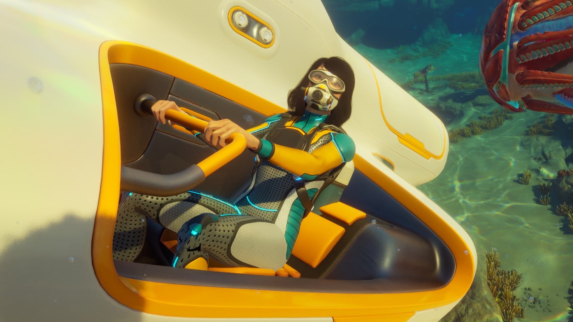 Subnautica 2 - Woman riding in a Tadpole