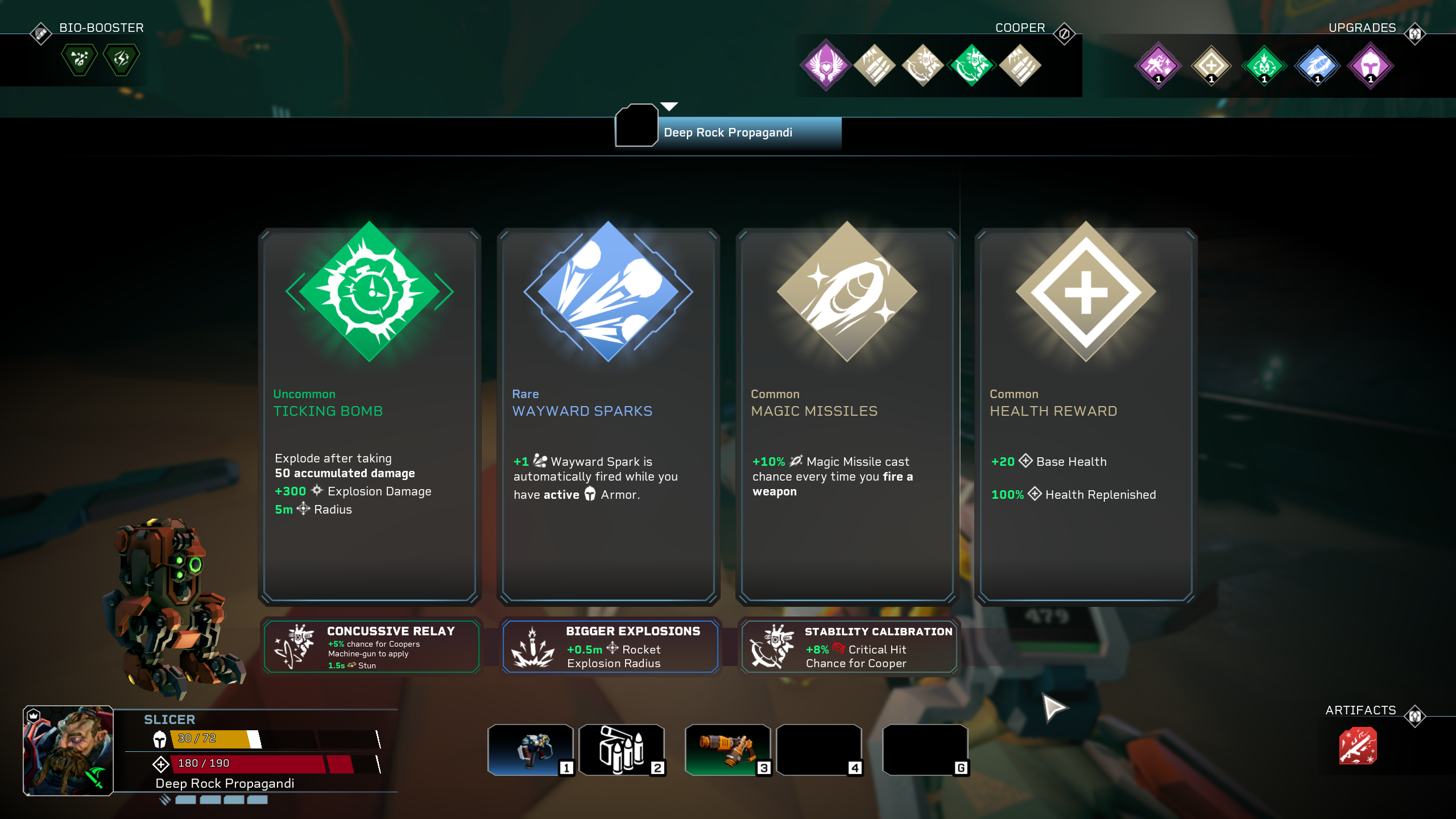 Deep Rock Galactic Rogue Core: A screenshot of four upgrades the player can pick between.