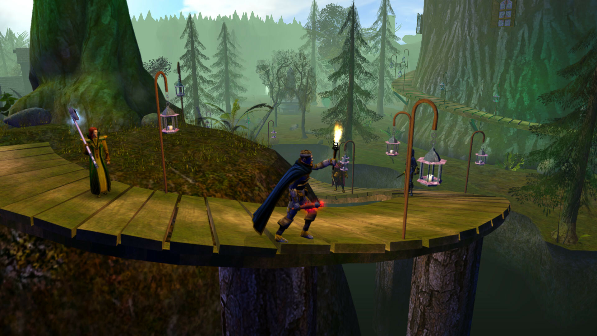 adventurers descending down a spiral staircase on the outside of a tree