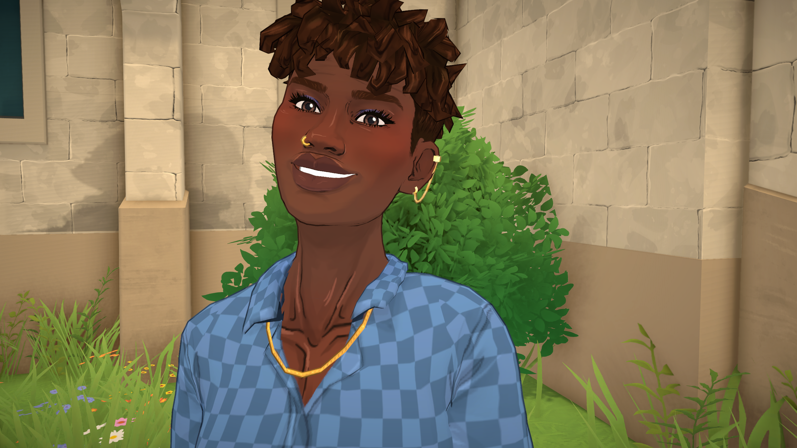 Paralives - A Para smiles while standing outside the town hall building