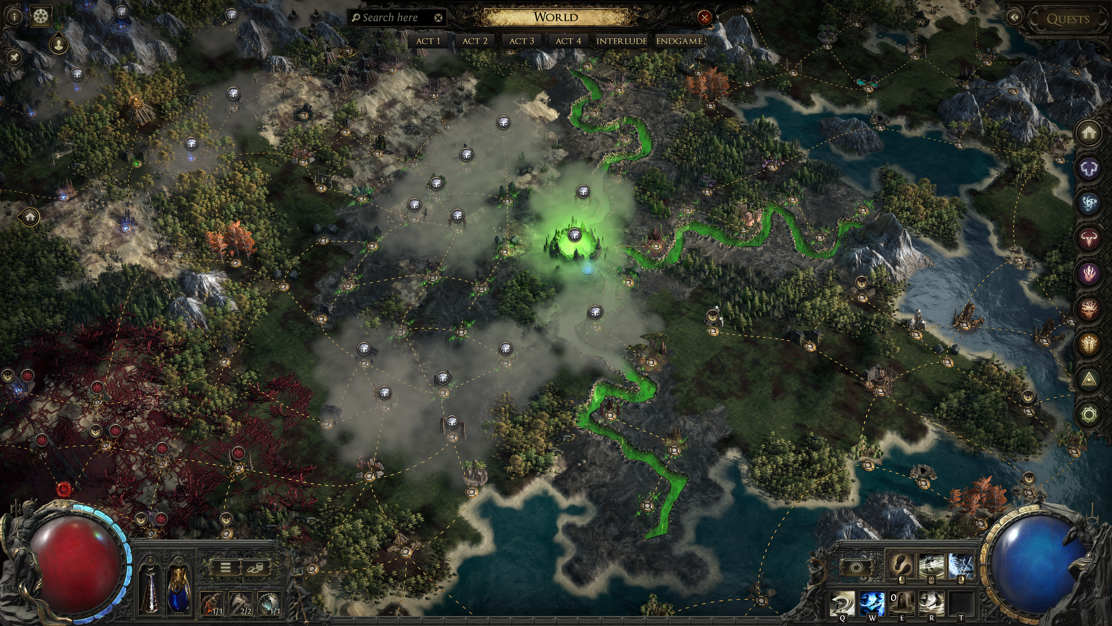 A screenshot from Path of Exile 2's Return of the Ancients expansion. A world map with nodes all over it and sections of it themed after different mechanics.
