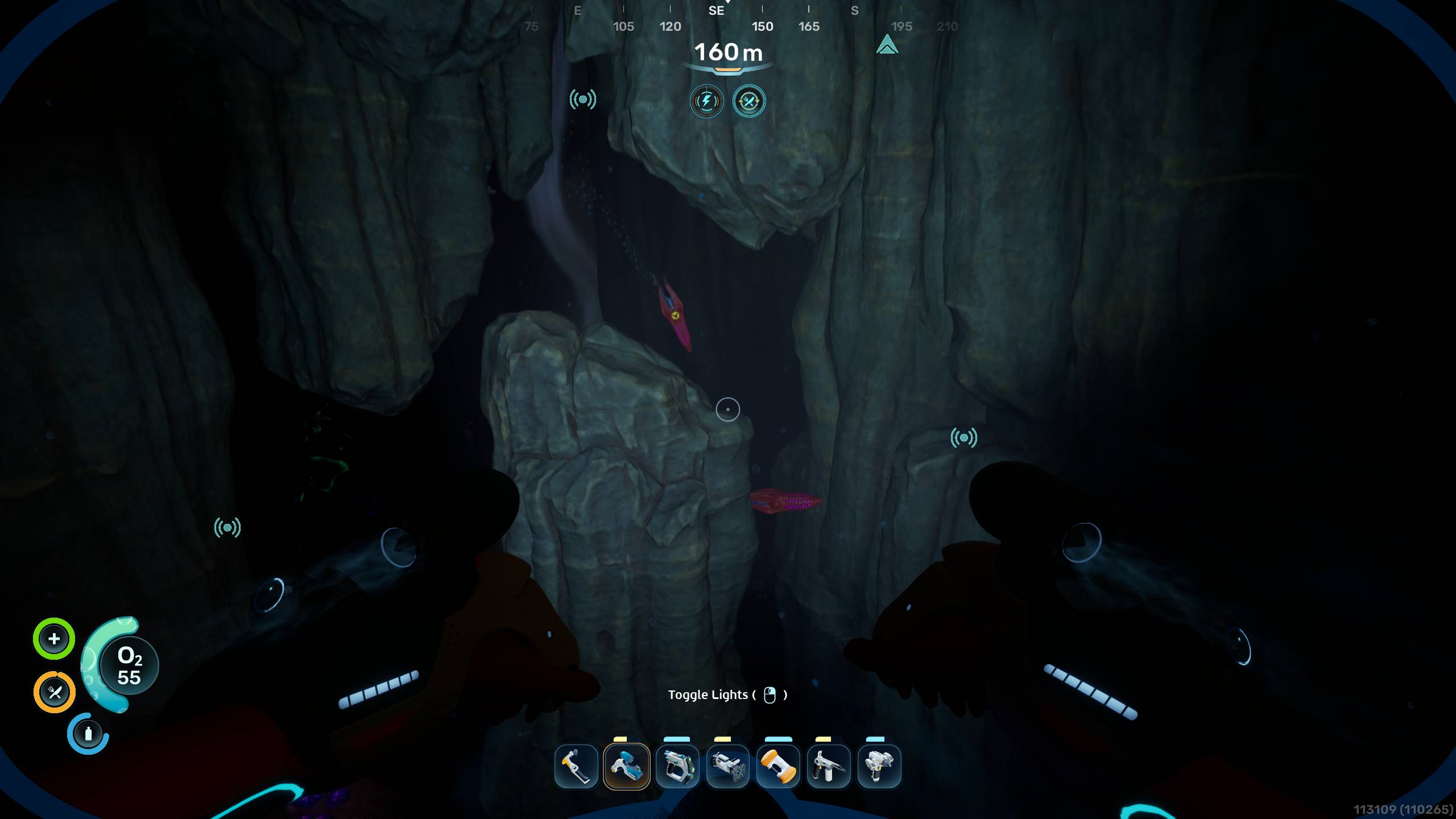 Subnautica 2 Biomods: A player looking at two Bulletheads in a dark cave.