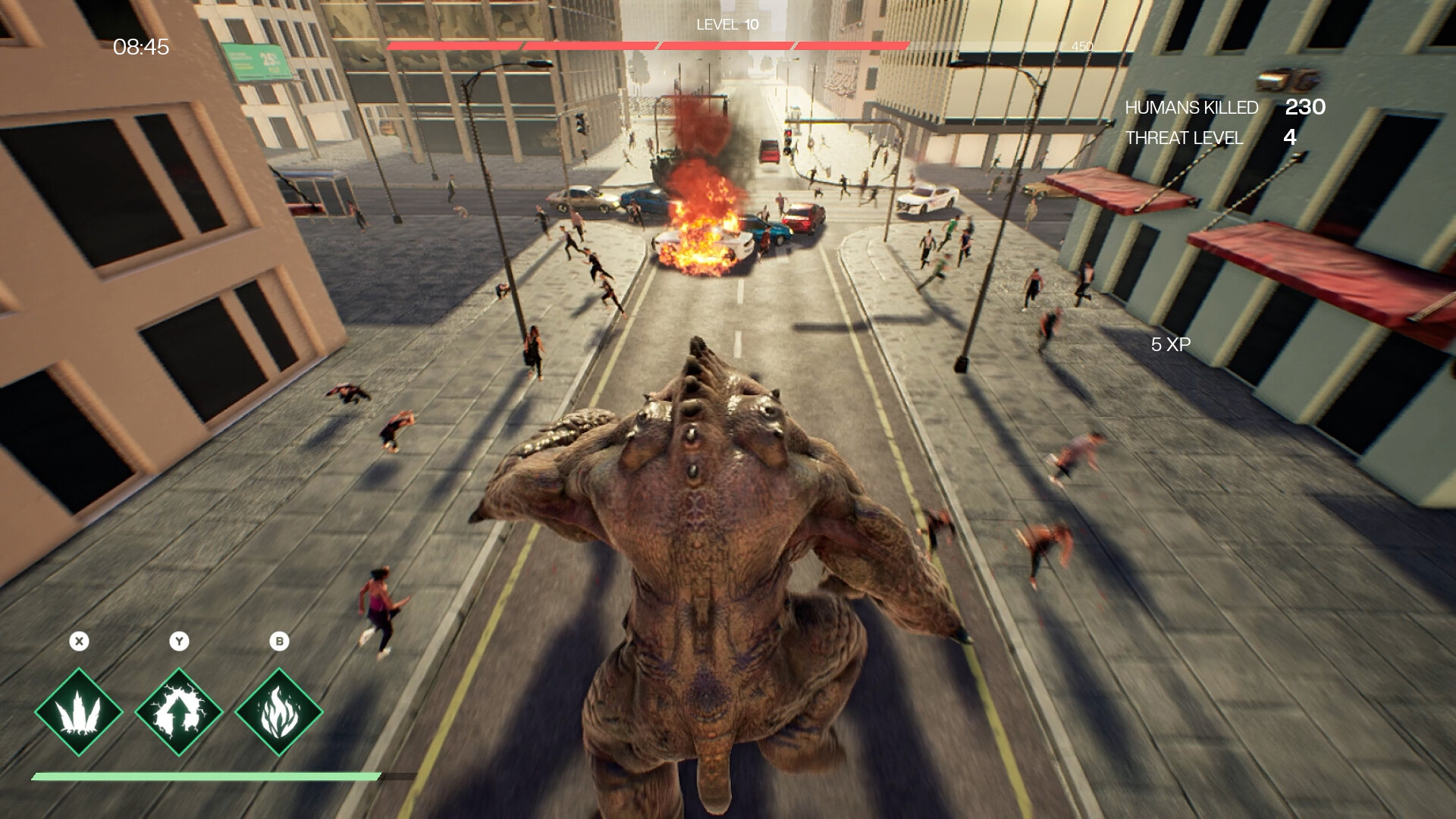 A monster rampaging down a city street in You Are the Monster.