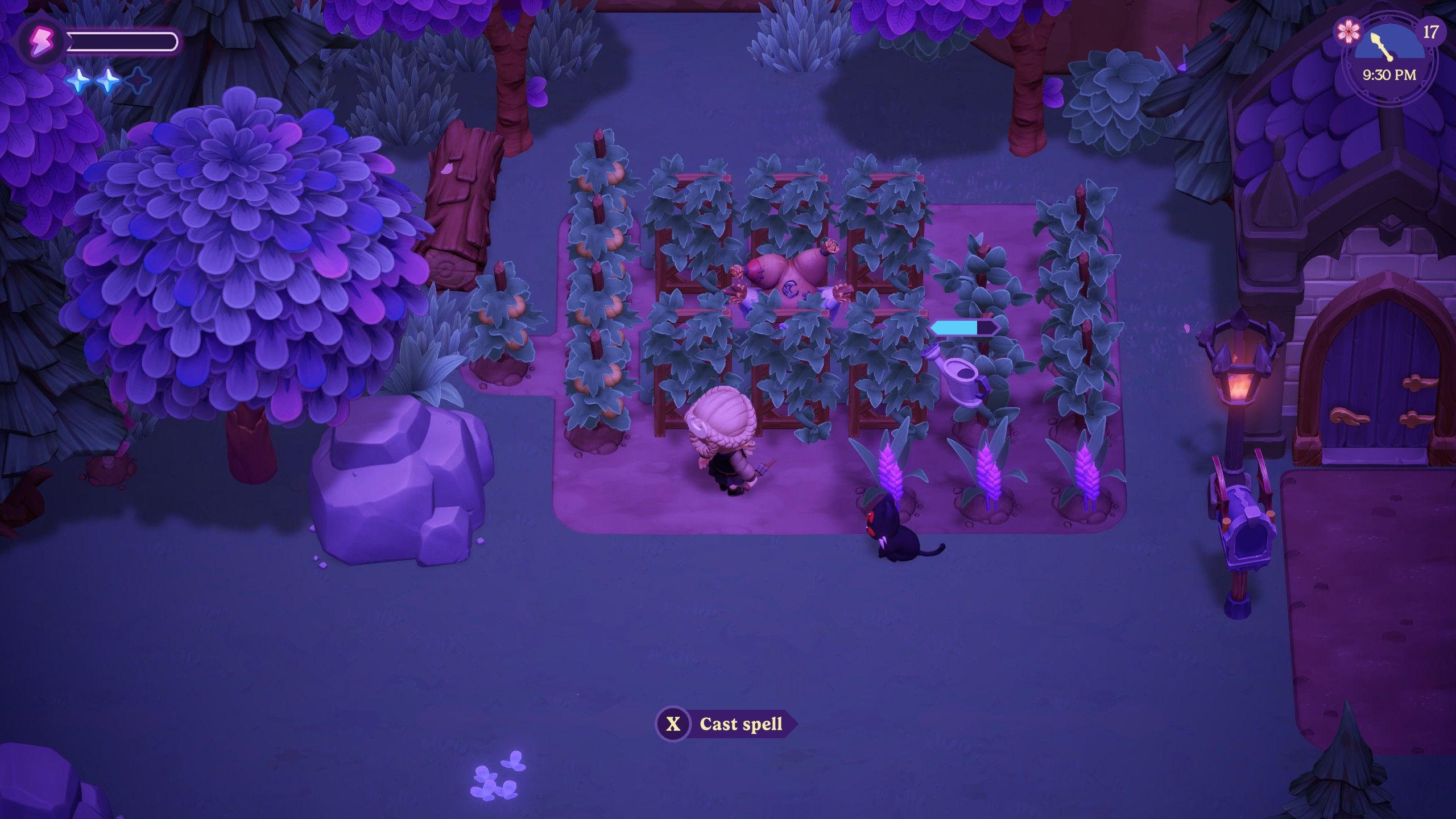 Moonlight Peaks - a magical watering can waters crops outsde a house