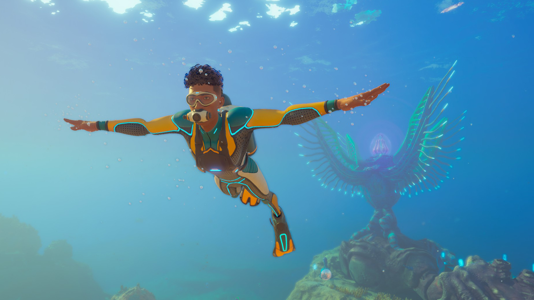A scubadiver in front of an alien plant