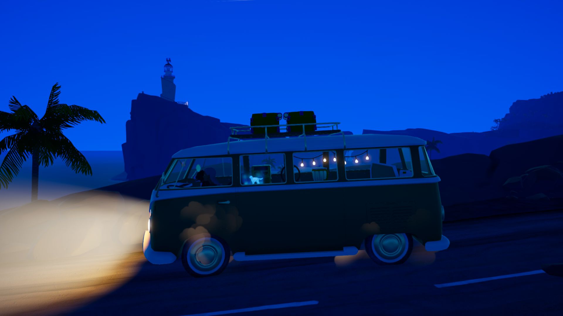 Driving at night with string lights and decor in Outbound.