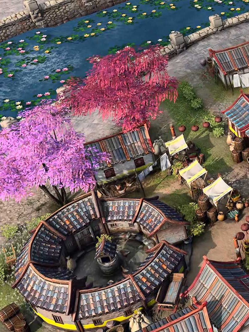 An army from Age of Empires 4: Yue Fei's Legacy, crowding around in a town as they get ready to invade