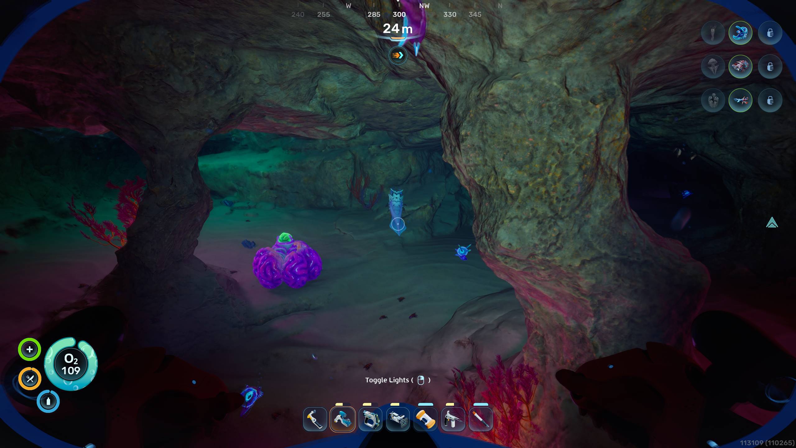 Subnautica 2 Biomods: A player looking at a Sandspear swimming in a cave.