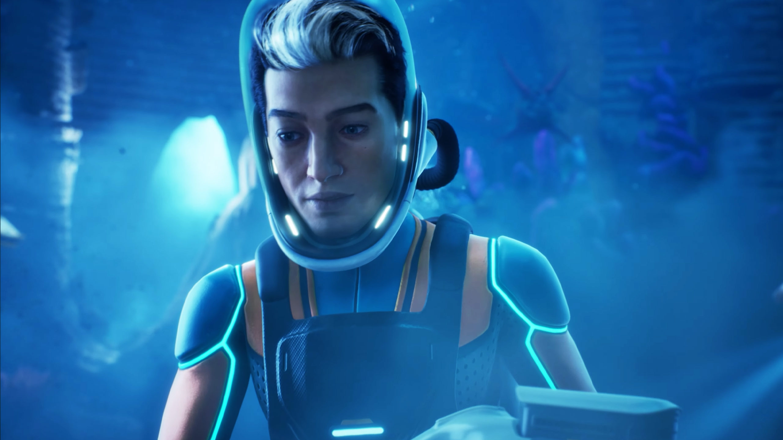 Subnautica 2 - Character from the cinematic trailer investigating underwater structures