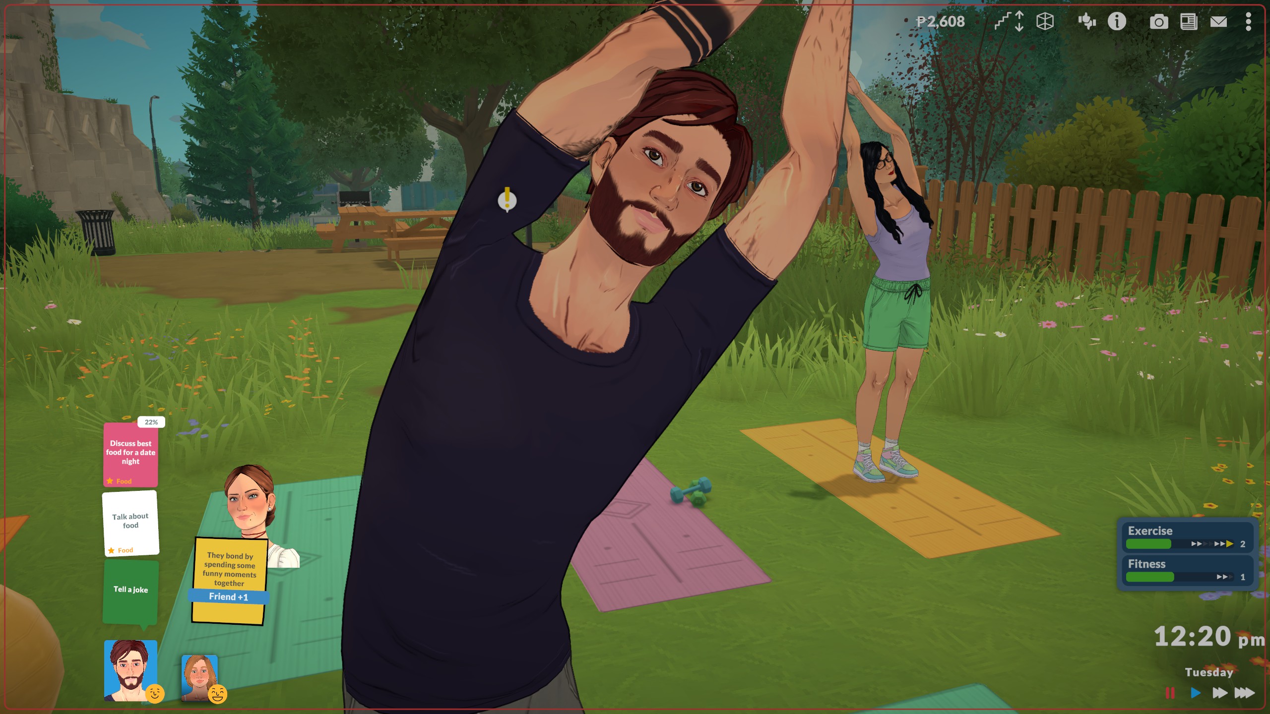 Paralives - a para does yogo while chatting with another