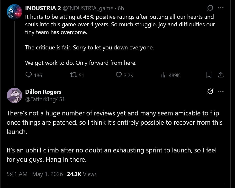 There&rsquo;s not a huge number of reviews yet and many seem amicable to flip once things are patched, so I think it&rsquo;s entirely possible to recover from this launch.It&rsquo;s an uphill climb after no doubt an exhausting sprint to launch, so I feel for you guys. Hang in there.