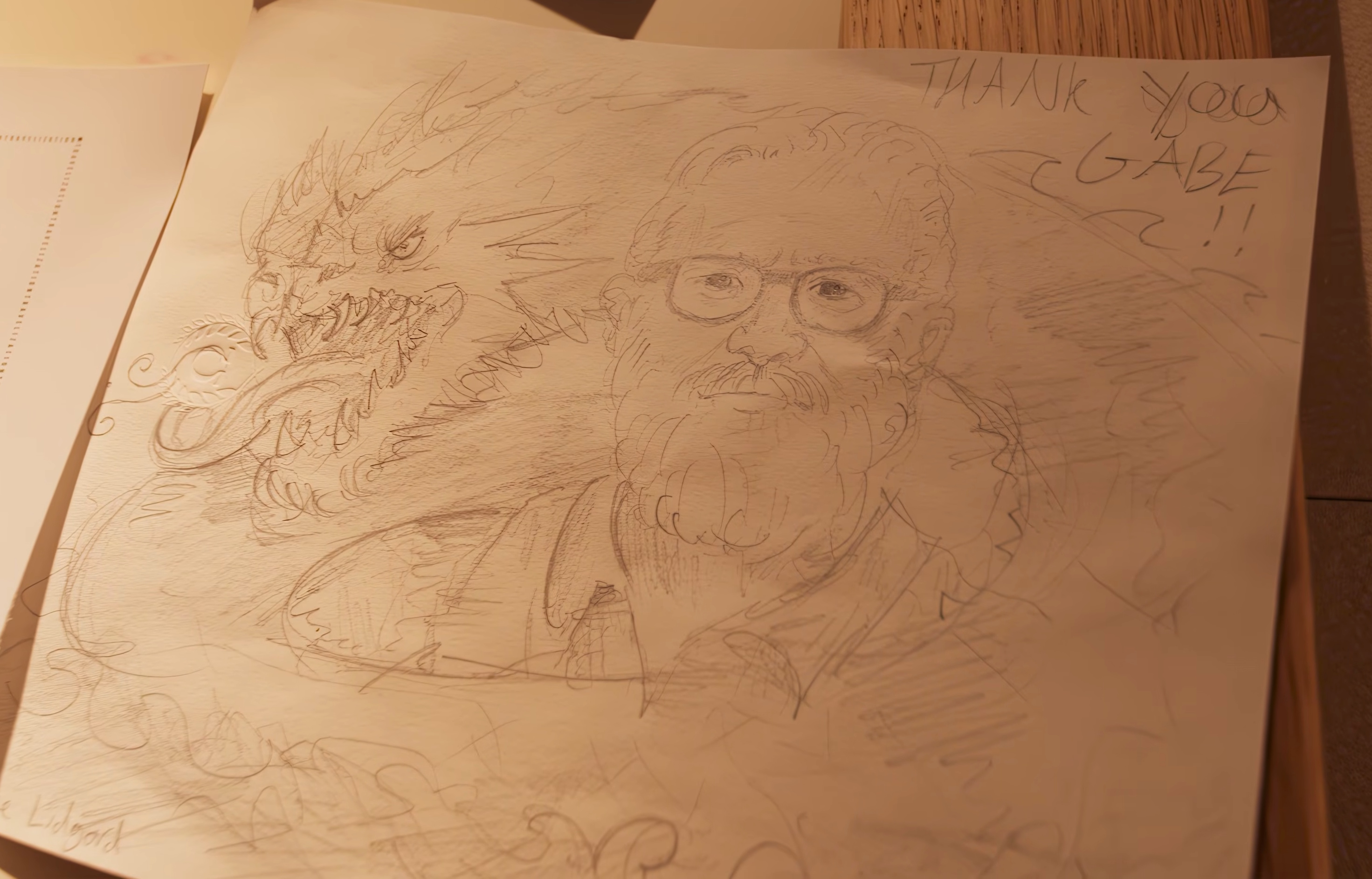 Pencil sketch of Gabe Newell and a leviathan, and the words "Thank you Gabe"